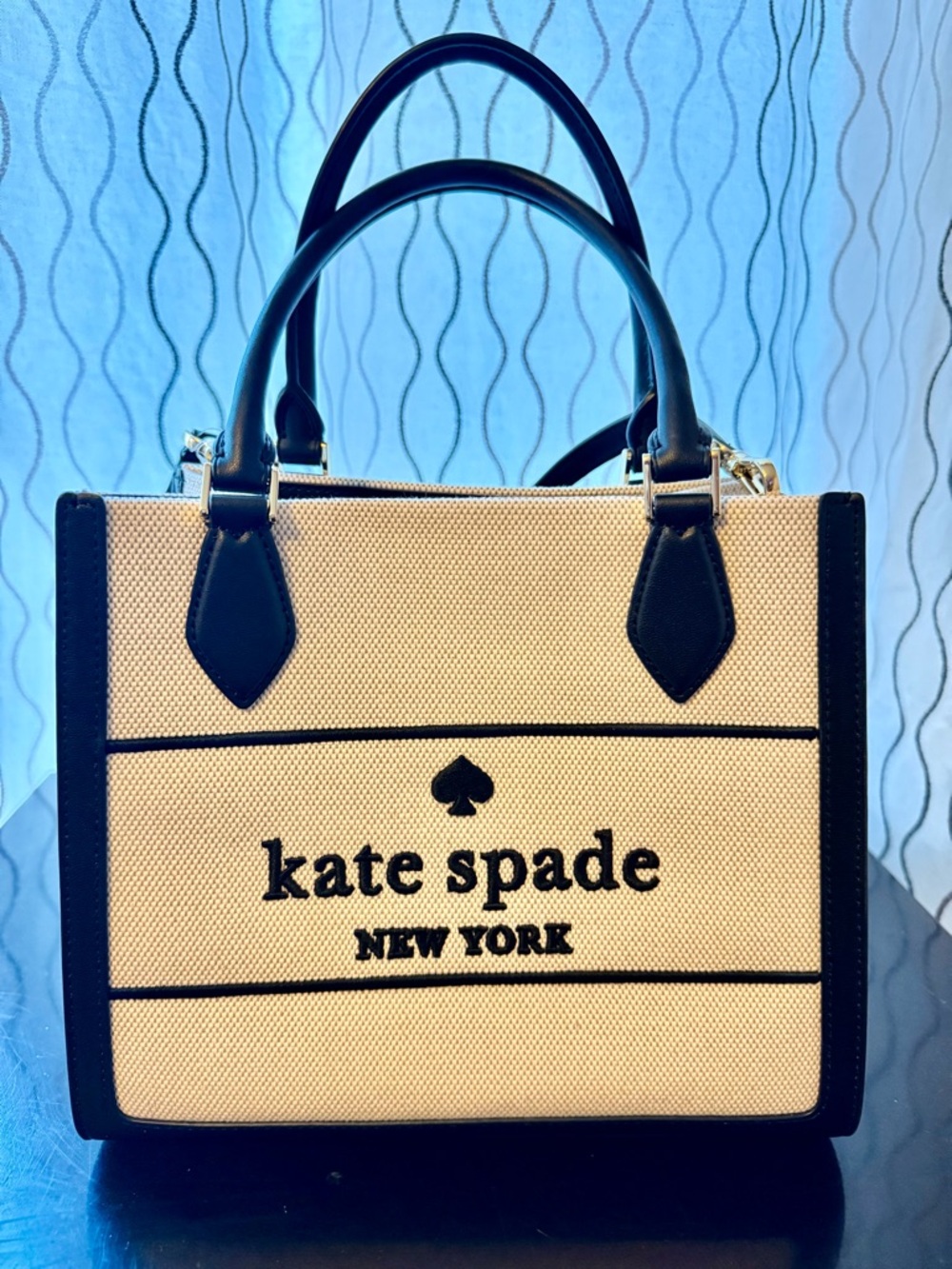 ♠️Kate Spade Beige Canvas Tote with Black Trim